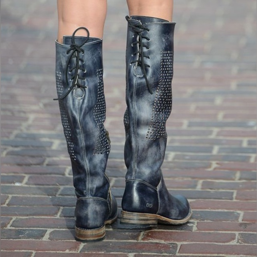 Bed Stu Women's Sz 9.5 Cambridge Knee High Leather Boots Lace Up Black Driftwood